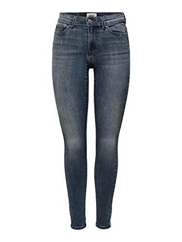 ONLY Damen Skinny Fit Jeans | Normal Waist Denim Stretch Hose | Bleached Used Design ONLWAUW, Farben:Dunkelblau, Größe:XS / 30L von ONLY