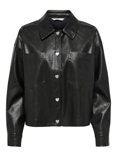 ONLY Damen Kurze Kunstleder Jacke | Langarm Shacket Übergangs Hemd | PU Coated Shirt ONLCAMILA, Farben:Schwarz-2, Größe:S von ONLY
