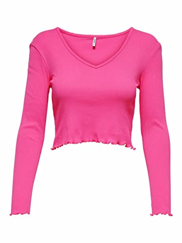 ONLY Damen Kurzes Langarm Shirt | Bauchfreies Longsleeve V-Ausschnitt Crop Top | Gerippt Gewellt ONLODA, Farben:Pink, Größe:L von ONLY