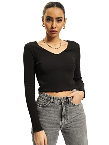 ONLY Damen Kurzes Langarm Shirt | Bauchfreies Longsleeve V-Ausschnitt Crop Top | Gerippt Gewellt ONLODA, Farben:Schwarz, Größe:S von ONLY