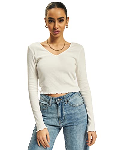 ONLY Damen Kurzes Langarm Shirt | Bauchfreies Longsleeve V-Ausschnitt Crop Top | Gerippt Gewellt ONLODA, Farben:Weiß, Größe:M von ONLY