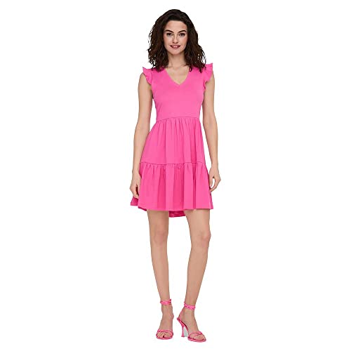 ONLY Damen Kurzes Rüschen Kleid Kurzarm Mini Dress mit V-Ausschnitt aus Baumwolle ONLMAY, Farben:Pink, Größe:L von ONLY