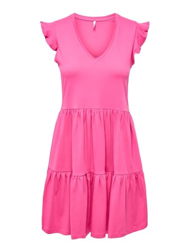 ONLY Damen Kurzes Rüschen Kleid Kurzarm Mini Dress mit V-Ausschnitt aus Baumwolle ONLMAY, Farben:Pink, Größe:M von ONLY