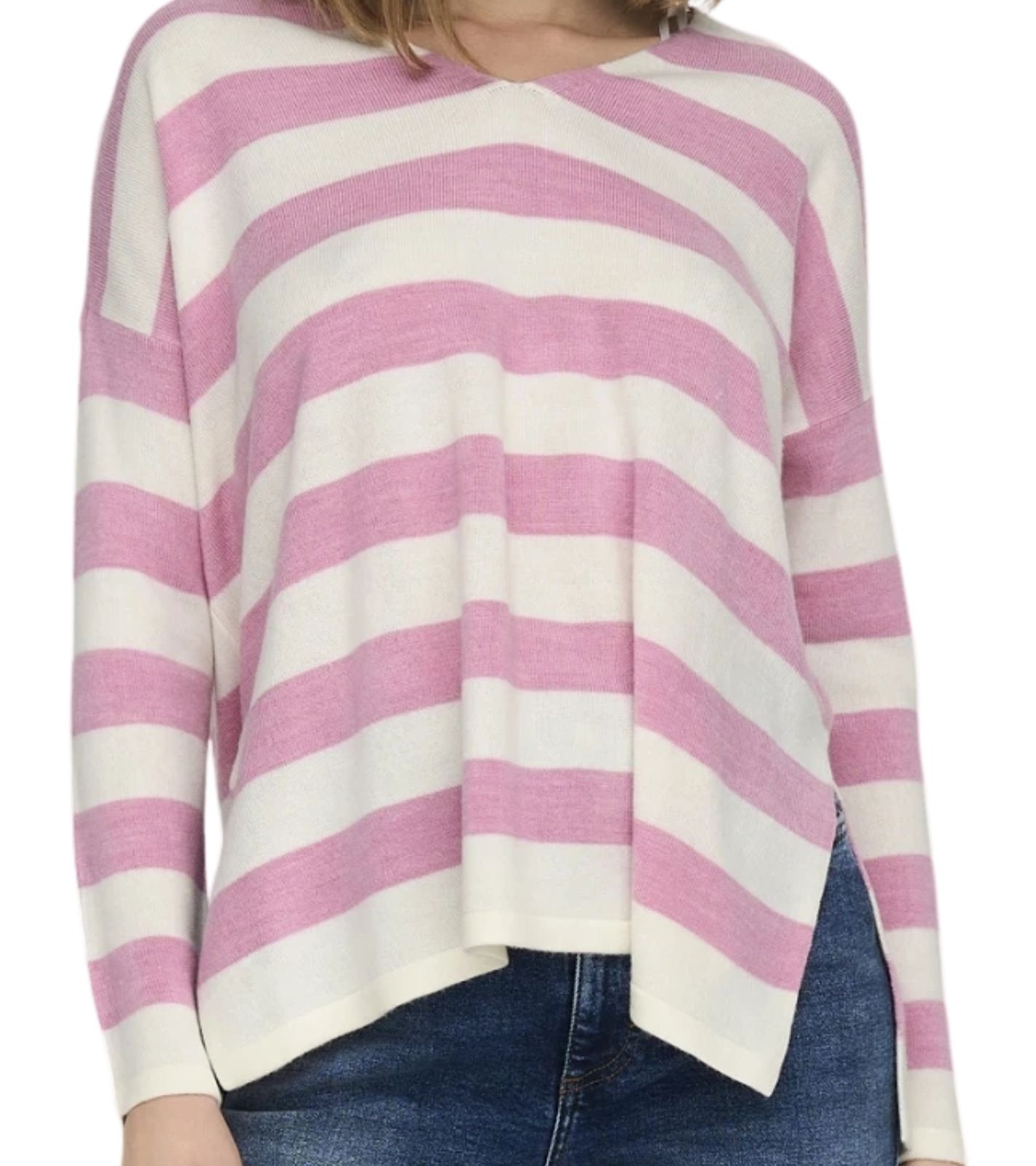 ONLY Damen Langarm-Shirt gestreifter Strick-Pullover mit V-Ausschnitt 33542357 Weiß/Rosa von ONLY