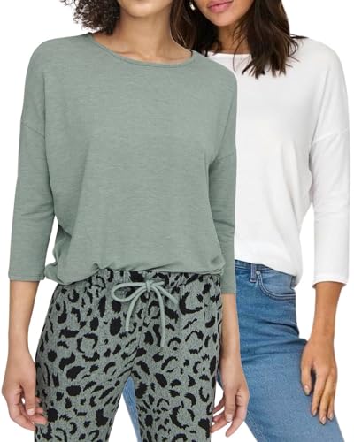 ONLY Damen Langarmshirt Basic, 3/4-Arm-Shirt, Langarm-T-Shirt mit Rundhalsausschnitt, locker und leger anliegend, meliert, Stretch (M, Doppelpack ChinoisGreen+CloudD.) von ONLY