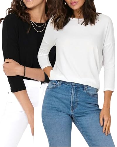 ONLY Damen Langarmshirt Basic, 3/4-Arm-Shirt, Langarm-T-Shirt mit Rundhalsausschnitt, locker und leger anliegend, meliert, Stretch (S, Doppelpack CloudD.+Black) von ONLY