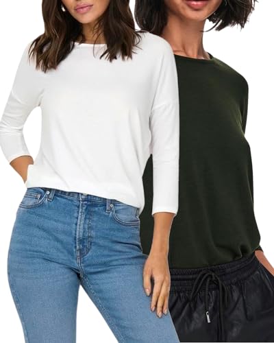 ONLY Damen Langarmshirt Basic, 3/4-Arm-Shirt, Langarm-T-Shirt mit Rundhalsausschnitt, locker und leger anliegend, meliert, Stretch (S, Doppelpack Rosin+CloudD.) von ONLY