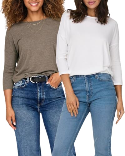 ONLY Damen Langarmshirt Basic, 3/4-Arm-Shirt, Langarm-T-Shirt mit Rundhalsausschnitt, locker und leger anliegend, meliert, Stretch (XS, Doppelpack CloudDancer+Falcon.) von ONLY