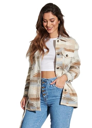 ONLY Damen Longline Shacket Jacke mit Bindegürtel Azteken Muster 2-Pockets dusty blau von ONLY