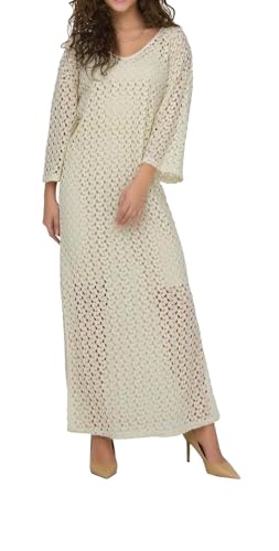 ONLY Damen Maxi-Häkelkleid 3/4-Arm ONLLion langes Sommer-Strickkleid transparent 15323312 Ecru S von ONLY