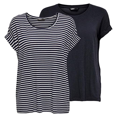 ONLY Damen O-Neck Top T-Shirt Moster 2er Pack Basic Kurzarm Rundhals Shirt Regular Fit Oberteil Sommer Streifen Blau Rose Grün Schwarz XS S M L XL XXL, Größe:XL, Farbe:Night Sky w/cd Stripes von ONLY