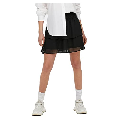 ONLY Damen Mini Volant Rock | Kurzer High Waist Chiffon Rüschen Skirt | Mehrlagig mit Stretch Bund ONLANN, Farben:Schwarz, Größe:L von ONLY