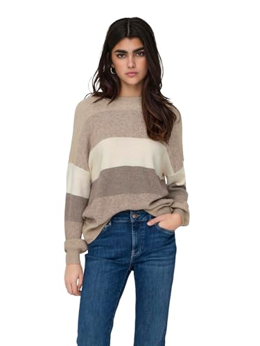 ONLY Damen Feinstrick-Pullover mit Breiten Streifen ONLAtia Stripe 15220044 Feather Gray/Beige/Whitecap M von ONLY