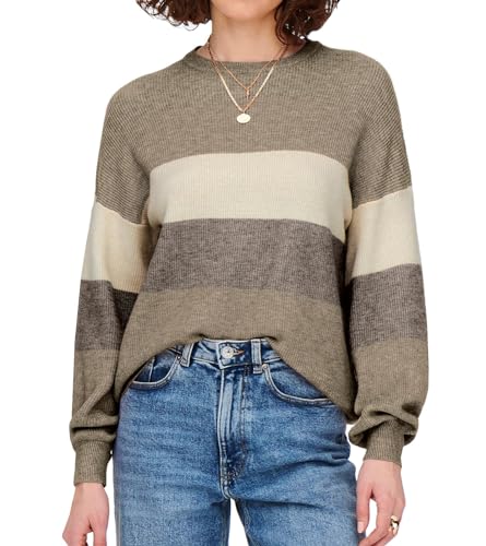 ONLY Damen Feinstrick-Pullover mit Breiten Streifen ONLAtia Stripe 15220044 Feather Gray/Beige/Whitecap XL von ONLY