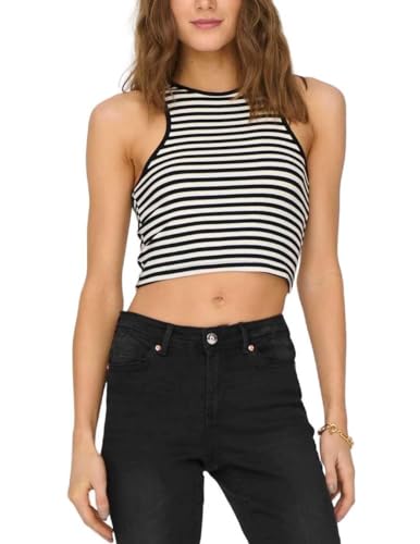 ONLY Damen ONLBELIA S/L Crop TOP JRS T-Shirt & Tops, Black/Stripes:Cloud Dancer (Ola), L von ONLY