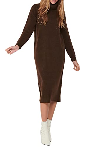 ONLY Damen Langes Strickkleid | Langarm Midi Pullover Dress | Rollkragen Sweater mit Schlitz ONLBRANDIE, Farben:Dunkelbraun, Größe:S von ONLY