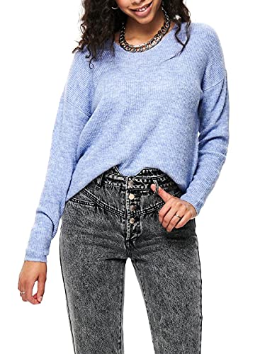 ONLY Damen Warmer Strickpullover | Knitted Basic Stretch Sweater | Langarm V-Ausschnitt Shirt ONLCAMILLA, Farben:Blau, Größe:L von ONLY