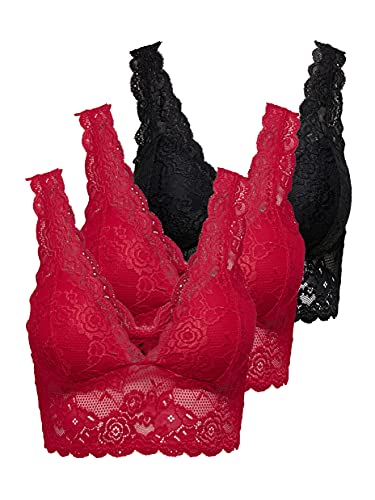 ONLY Damen ONLCHLOE 3-Pack LACE Bra Bügelloser Spitzen BH, High Risk Red/2XHIGH Risk RED, M von ONLY