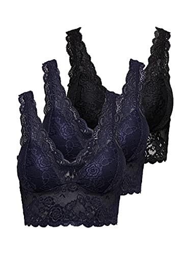 ONLY Damen Spitzen Bustier BH ohne Bügel ONLCHLOE 3-Pack LACE Bra, Peacoat/2XPEACOAT + 1XBLACK, XS von ONLY