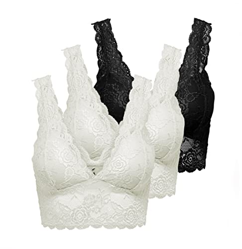 ONLY Damen Spitzen Bustier BH ohne Bügel ONLCHLOE 3-Pack LACE Bra, White/2XWHITE + 1XBLACK, S von ONLY