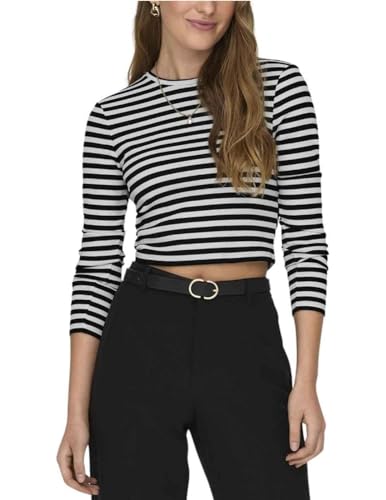 ONLY Damen ONLELINA L/S Cropped TOP JRS Langarmshirt, Cloud Dancer/Stripes:Black, Large von ONLY