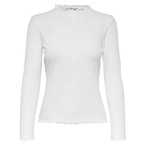 ONLY Damen Dünnes Langarm Shirt | Geripptes Stehkragen Basic Longsleeve ONLEMMA | Gewelltes Oberteil, Farben:Weiß, Größe:S von ONLY