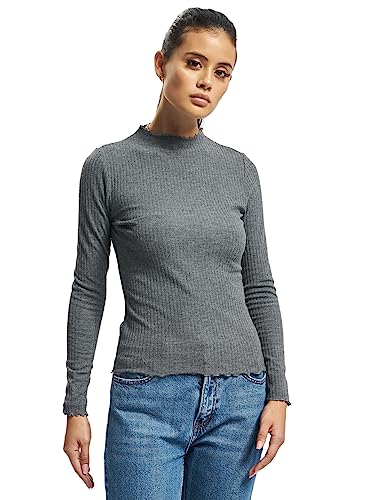 ONLY Damen Dünnes Langarm Shirt | Geripptes Stehkragen Basic Longsleeve ONLEMMA | Gewelltes Oberteil, Farben:Dunkelgrau, Größe:XL von ONLY