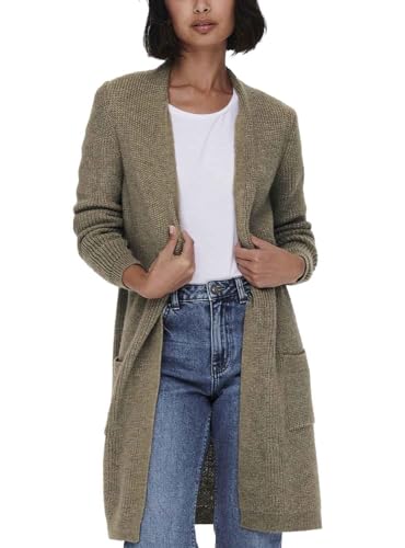 ONLY Damen Lange Strickjacke mit Taschen | Stretch Casual Langarm Gerippt | Open Cardigan Noos ONLJADE, Farben:Hellbraun, Größe:M von ONLY