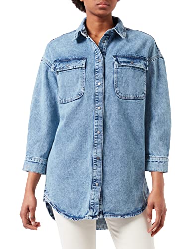 ONLY Damen Oversized Jeanshemd | Lange Denim Blusen Jacke ONLKASIA | Lockere Langarm Blouse Stoned Washed, Farben:Blau, Größe:XL von ONLY
