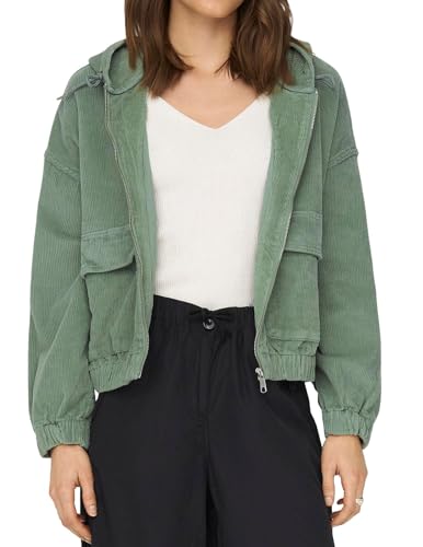 ONLY Damen kurze Cord Jacke ONLKenzie Übergangsjacke mit Kapuze 15246274 Lily Pad L von ONLY