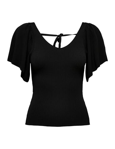 ONLY Damen Geripptes T-Shirt Kurzarm V-Ausschnitt Top mit weiten Ärmeln Shirt mit Schnürung ONLLEELO, Farben:Schwarz, Größe:L von ONLY