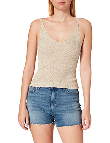 ONLY Damen Geripptes Crop Top | Kurzes Sleeveless V-Ausschnitt Oberteil | Bauchfrei Gestrickt ONLLINA, Farben:Beige, Größe:XL von ONLY