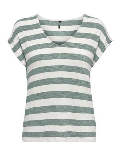 ONLY Damen Onllira Life S/S V-Neck Top JRS T-Shirt, Chinois Green/Stripes:Cloud Dancer, XS von ONLY