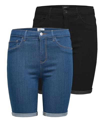 ONLY Damen ONLRAIN MID Long DNM Shorts 2PACK, Kurze Jeans-Shorts Medium Blue Denim/Black, S von ONLY