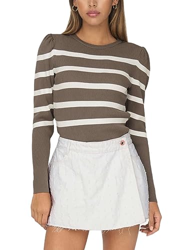 ONLY Damen ONLSALLY L/S Puff KNT NOOS Pullover, Walnut/Stripes:Cloud Dancer, L von ONLY