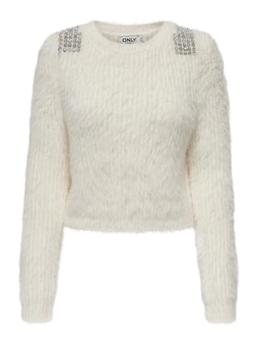ONLY Damen ONLSURI LS Bling Crop O-Neck PRM KNT Pullover, Cloud Dancer/Detail:Silver, Large von ONLY