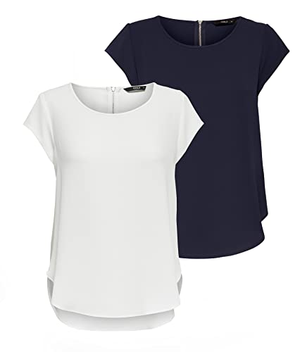 ONLY Damen ONLVIC S/S SOLID 2 Pack TOP, Blusenshirt, Kurzarm, Navy Blazer/Cloud Dancer, 34 von ONLY