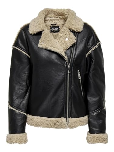 ONLY Damen ONLWILMA Faux Leath Sherpa Jacket CC OTW Jacke, Black/Detail:Moonbeam, XS von ONLY