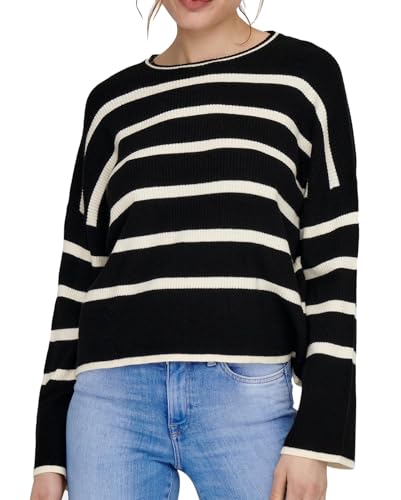 ONLY Damen gestreifter Strickpullover ONLIbi Stripe Pullover mit weiten Ärmeln 15285077 Black/Whitecap Gray Mel L von ONLY