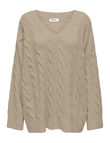 ONLY Damen ONLJEANETT Life L/S Cable V-Neck CC KNT Strickpullover 15324265,Humus/Detail:Melange,XL von ONLY