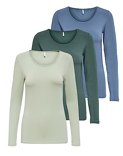 ONLY Damen Onllive Love LS O-Neck TOP 3-Pack, Desert Sage/Balsam Green/China Blue, S von ONLY