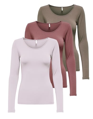 ONLY Damen Onllive Love LS O-Neck TOP 3-Pack, Walnut/Rose Brown/Lavender Fog, M von ONLY