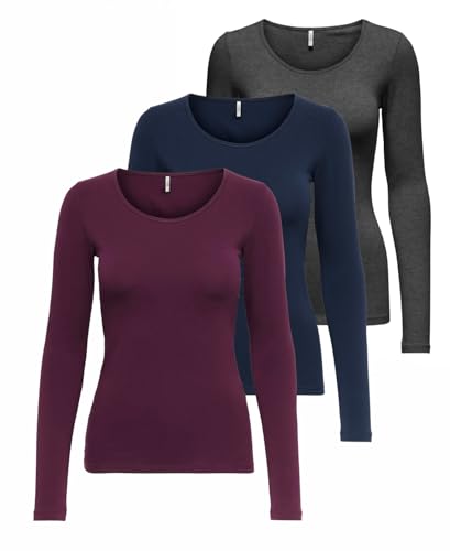 ONLY Damen Onllive Love Life LS Oneck Top, 3er Pack, Peacoat/DGM/Port Royale, M von ONLY