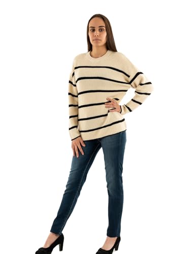 ONLY Damen Onlpernille Stripe O-neck Knt Noos Strickpullover, Pumice Stone/Stripes:black, L EU von ONLY