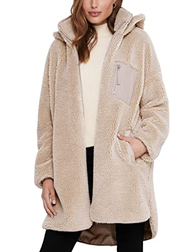 ONLY Damen Lange Teddy Kunstfell Jacke | Oversized Übergangs Parka mit Kapuze | Lamm Schaf Plüsch ONLSASCHA, Farben:Beige, Größe:XS-S von ONLY