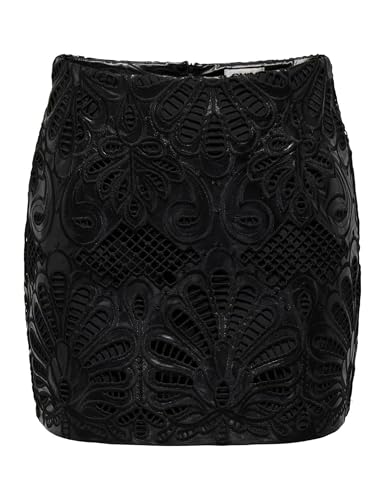 ONLY Damen ONLSIMA MW Brod ANG Faux Leat Skirt PNT Rock, Black/Detail:Black EMB, 44 von ONLY