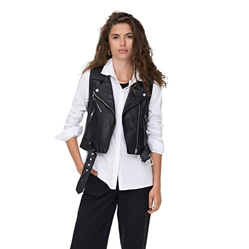 ONLY Kunstleder Biker Weste Kurz Lässige Cropped Jacke ohne Ärmel Asymmetrisch Taille ONLVERA, Farben:Schwarz-2,Größe Damen:S von ONLY