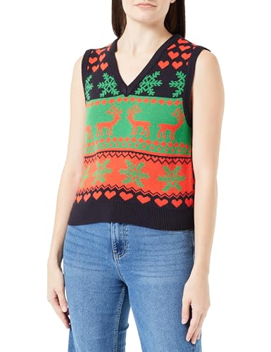 ONLY Damen Onlxmas Heart V-neck Vest Knt, Night Sky/Pattern:poppy Red/Green Bee, L von ONLY