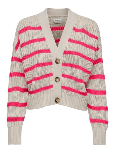 ONLY Damen Strickjacke kurzer Cardigan mit Streifen ONLCarolnice Stripe 15261057 Pumice Stone/Raspberry Rose M von ONLY