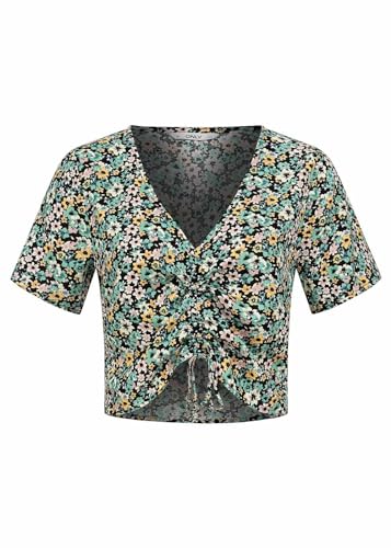 ONLY Damen Shirt kurzes V-Neck Top Viskose Raff-Blusentop mit Floralem Print von ONLY